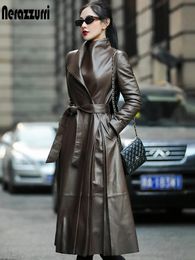 Nerazzurri Autumn Long Brown Black Soft Faux Leather Trench Coat for Women Belt Skirted Elegant Luxury Fashion 5xl 6xl 7xl 240305