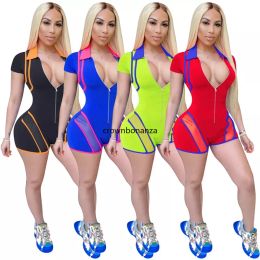 2024 Designer Jumpsuits Summer Rompers Women Spring Short Sleeve Turn Down Collar Jumpsuits V neck Zipper Bodycon Playsuits Bulk Wholesale Clothes