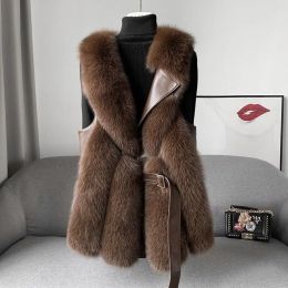 Fur Fox Fur Vest Coat 2023 Winter Womens Faux Fur Waistcoat Fashion Slim Fur Jacket Chic Sleeveless Faux Fox Fur Vests Belt Jacket