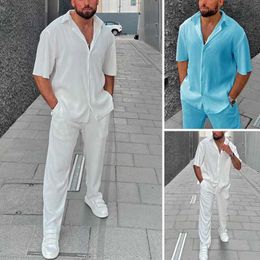 Men's Tracksuits Casual loose fitting mens solid striped lapel short sleeved shirt and pants two-piece set 2023 summer beach set mens clothing J240305