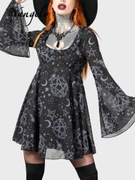 Dress Yangelo Grunge Aesthetic Women Gothic Square Collar Pullover Long Horn Sleeve Dress Chiffon Graphic Moonstar Nigh Club Cloths