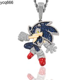 Wholesale Hip Hop Enamel 14k 18k Gold vvs Iced Out Baguette Diamond Blue Fast Sonic Pendant Necklace