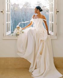 Off-Shoulder Pleats Square Neck Crepe A-Line Wedding Dress For Women Zipper Back Floor Length Stain Bridal Gown Custom Made