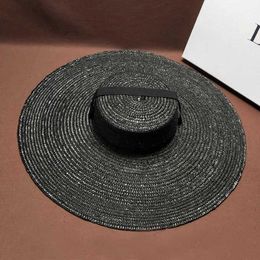 Wide Brim Hats Bucket Hats Handmade Black Natural Straw Hat for Men Women Bandage Ribbon Tie Wide Brim Sun Hat Derby Sun Protection Summer Beach Hat J240305