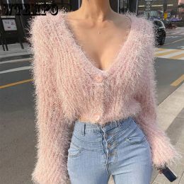 Cardigans Fluffy Short Sweater Sexy Vneck Long Sleeved Single Breasted Coat Korean Chic Knitting Top Fashion Pink Cropped Cardigan Mujer