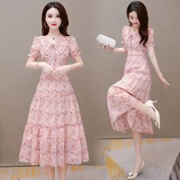 Dress 2023 New Summer Women Dresses Bohemian Style Doll Collar Print Chiffon Long Dress Slim Elegant Ladies Party Dresses Vestidos 4XL