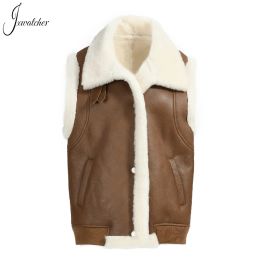 Sweatshirts Jxwatcher Winter Shearling Vest Real Sheepskin Waistcoats 2022 New Style Lamb Fur Warm Jacket Solid TurnDown Collar Vests Fall