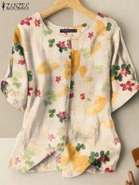 Blouse ZANZEA Summer Vintage Women Bohemian Printed Tops Casual Loose O Neck Buttons Beach Shirt Floral Short Sleeve Blouse Chemise