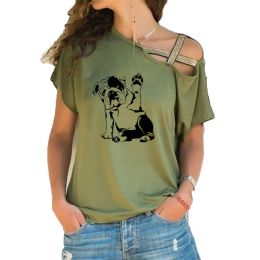 T-Shirts New English Bulldog Dog Pet Print Tee Tshirt Women Top Short Sleeve Female tops clothing Irregular Skew Cross Bandage t shirt