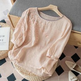 Blouse Cotton Linen Shirt Women Summer 2023 New Embroidery Vintage Blouses Loose Solid Short Sleeve Chinese Style Top ONeck YCMYUNYAN