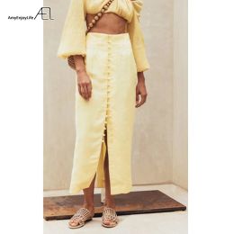 Dresses Ael 2019 Summer Women High Waist Button Bodycon Maxi Skirt Yellow Long Skirts Kick Pleat Clothing Jupe Femme