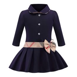Baby Girls Dress Kids Lapel College Wind Bowknot Long Sleeve Pleated Polo Shirt Children Casual Designer Clothing Kids Clothes