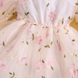 Girl Dresses Kids Girls Autumn Casual A-line Dress Long Sleeve Flower Embroidery Tulle Princess Headband Clothes