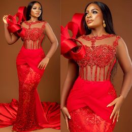 African Aso Ebi Plus Size Prom Dresses Long for Black Women Illusion Mermaid Evening Dresses Beaded Lace Formal Dresses for Special Occasions Birthday Gowns AM475