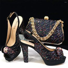 Dress Shoes 2024 Black Colour Nigeria Pointed Elegant Women's High Heel Office Brand Comfortable Rhinestone Sandal Bag Set