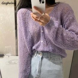 Cardigans Cardigan Women Vneck Sexy Hollow Out Long Sleeve Single Breasted Sweet Solid Colour Female Daily Thin Spring Autumn Breathable