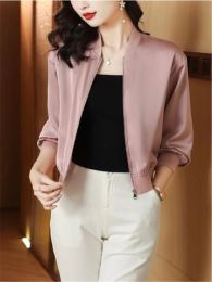 Jackets Silk Short Jackets Woman Coats Loose Satin Outwear Solid Colour Cloth Zipper Baseball Jacket Spring Autumn Clothes Female Jacket