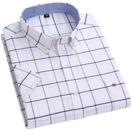 Cotton Shirts for Men Short Sleeve Summer Plaid Striped Male Business Casual White Regular Fit Shirt Plus Size S~7xl 240319
