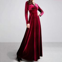 Dress Women'S dress Autumn And Winter Velvet VNeck Solid Colour LongSleeved Party Dress Elegant Evening Party Gown Outfits Red Velvet