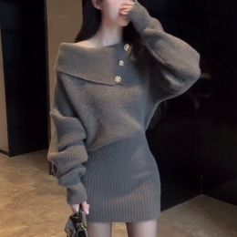 Skirt Bottom 2024 Autumn/Winter New Off Shoulder Knitted Slim Fit Sweater Skirt Dress Short Skirt