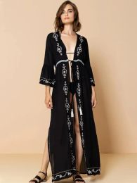 Cover-up Black Embroidered Women kaftan kimono Tunic Summer Beach Dress Plus Size Beach Wear Swim Suit Cover Up outfits Q1152