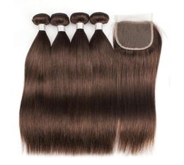 KissHair 4 Bundles With 44 Lace Closure Color 4 Dark Brown Brazilian Straight Virgin Hair Weave Bundles1718321