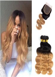 Two Tone 1b 27 Honey Blonde Lace Closure With Bundles Strawberry Blonde Ombre Hair Bundles Brazilian Human Virgin Hair With 44 La4604421