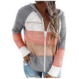 Jackets Fashion Striped Knit Cardigan Women Jackets Coats Autumn Casual Patchwork Long Sleeves Hooded Sweater Cardigan Zip Up Jacket 3XL