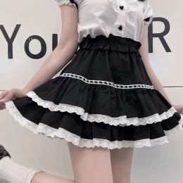 Skirt Lolita Lace Patchwork Mini Skirts for Women Japanese High Waist Black Cake Skirt Woman Summer Sweet Ruffles Short