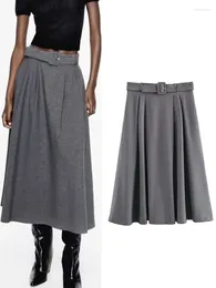 Skirts Elegant Office Ladies Long Skirt With Belt Women Autumn Winter High Waist Grey Midi Chic Lady Casual Cape