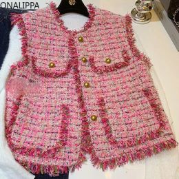 Waistcoats Onalippa Heavy Industry Tassel Knit Women Vest Single Breasted Small Fragrance Loose Pink Cardigan Korean Chic Sleeveless Coat