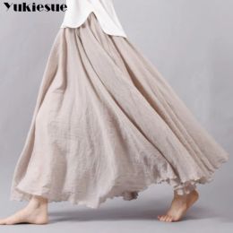 skirt 2020 Women Linen Cotton Long Skirts Elastic Waist Pleated Maxi Skirts Beach Boho loose Vintage Summer Skirts Faldas Saia