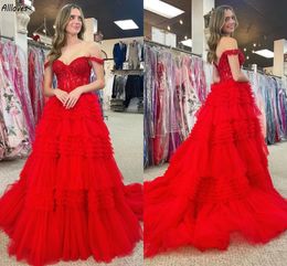 Red Tiered Tulle Prom Dresses Sexy Off The Shoulder Lace Appliqued Sequins Beaded Women Formal Occasion Gowns A Line Sweep Train Evening Vestidos De Fiesta CL3334