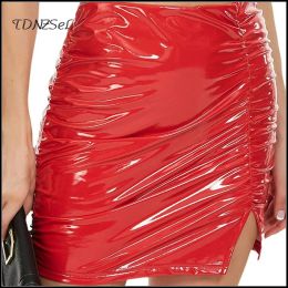 skirt Women Shiny Latex Leather Pleated Skirts Mini Bodycon Folds Pencil Skirts Sexy Short PU Skirts Hems Side Split Summer Custom