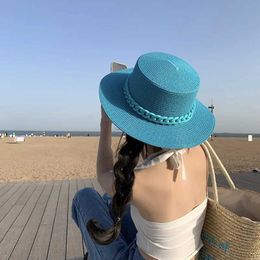 Wide Brim Hats Bucket Hats Summer women hat new adjustable flat top mens and womens straw hat fedora sun hat beach hat jazz fluorescent yellow jazz J240305