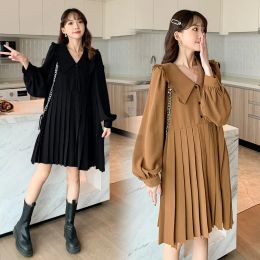 Dresses 2023 Spring Autumn Pregnancy Dress New Long Sleeve A Line Loose Pleated Dress for Pregnant Women Pure Colour Maternity Clothes