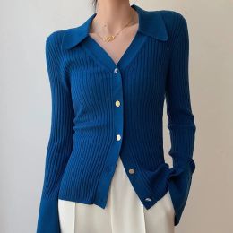 Cardigans Women's Polo's Neck Slim Flare Long Sleeve Button Down Knit Cardigan Fall Blue Black White Thin Sweater