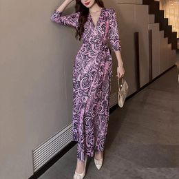 Casual Dresses Vestido Floreado Mujer Women Summer Bohemian Purple Floral Wrap V Neck 3/4 Long Sleeve Belt A-Line Midi Sun Dress