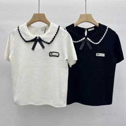 designer High version 2024 Miu Home Sweet Age Reducing Doll Neck Letter Embroidered Bow Knitted Short sleeved Women's T-shirt Trend 302H