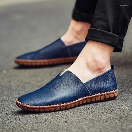 Dress Shoes Men's Blue Loafers V-neck Big Size 14 15 Real Leather Moccasin Solid Black Hand-stitched Casual Sneakers