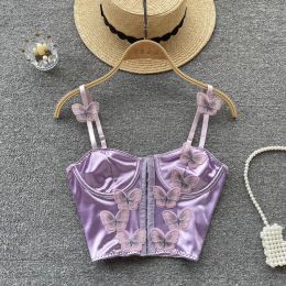 Camis Women Summer Satin Butterfly Camis Purple Button Solid Color Crop Top Female Sexy Sleeveless With Straps Corset Y2k Tank Tops