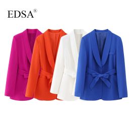 Blazers EDSA Women Fashion Neon Fuchsia Tuxedo Collar Blazer Jacket With Belt For Office Lady Long Sleeves Slits At Cuffs Hidded Button