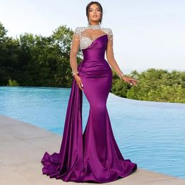 Classy Beaded Mermaid Prom Dresses Long Sleeves Pleated Evening Gowns High Neckline Sweep Train Satin Special Ocn Formal Wear 328 328