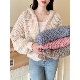 Cardigans 2023 Autumn Winter Korean New Solid Hooded Retro Polo Sleeves Knitted Shirt Lazy Loose Style Sweater Office Lady Women's Coat