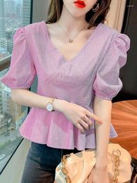 Women's Blouses VONDA Fashion Women Striped 2024 Summer Pleated V Neck Casual Tops Tunic Oversize Short Sleeve Elegant Party Shirt Femme