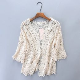 Cardigans Knitted Shrug Women Bohemian Style Midi Sleeve Lace Open Cardigan Short Knitting Outwear Hollow Out Sweater Geometric Tops