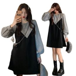 Dresses Block Colour patchwork pregnant women dress long lantern sleeve oneck Korean style maternity clothes casual long loose blouses