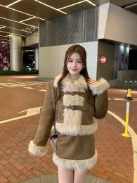 Jackets Korean fur collar padded cotton suede jacket Maillard outfit suit women winter high waist skirt vintage streetwear single piece