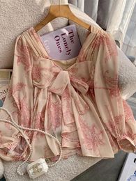 Women's Blouses Summer Floral Print Chiffon Blouse For Women Korean Sweet Square Collar Bow Long Sleeve Tops Beachwear Holiday Boho