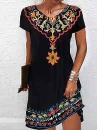 Casual Dresses 2024 Women's Summer Dress Elegant Black Floral Print O Neck Mini Fashion Streetwear Daily Fallow Short Sleeve